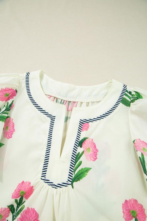 Short Dresses | Women Apricot Striped Trim Short Sleeve Split Neck Floral Mini Dress - Image 6