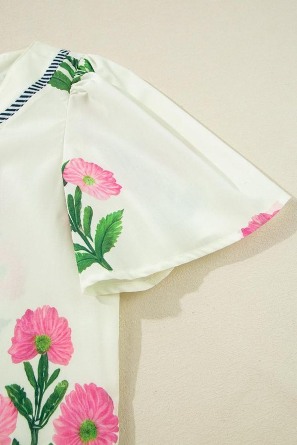 Short Dresses | Women Apricot Striped Trim Short Sleeve Split Neck Floral Mini Dress - Image 7