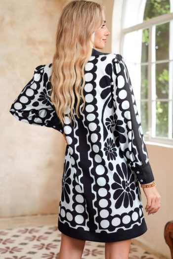 Short Dresses | Women Black Abstract Print V Neck Puff Sleeve Mini Dress