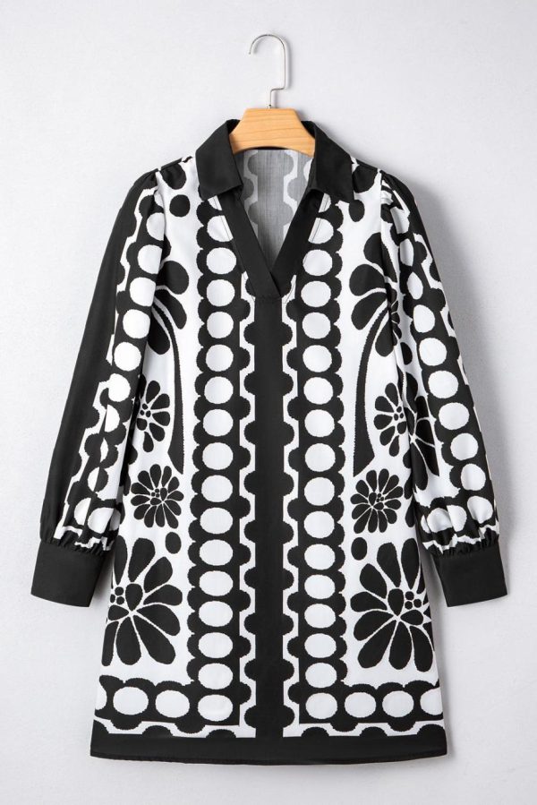 Short Dresses | Women Black Abstract Print V Neck Puff Sleeve Mini Dress - Image 2
