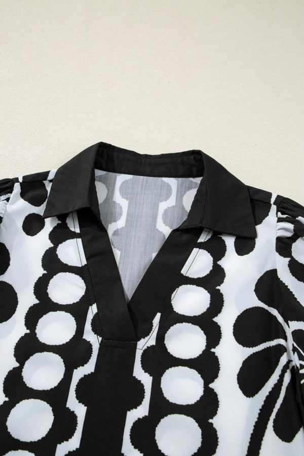 Short Dresses | Women Black Abstract Print V Neck Puff Sleeve Mini Dress - Image 4