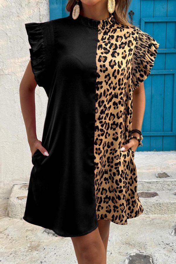Short Dresses | Women Black Leopard Contrast Patchwork Ruffled Sleeve Short Shift Dress