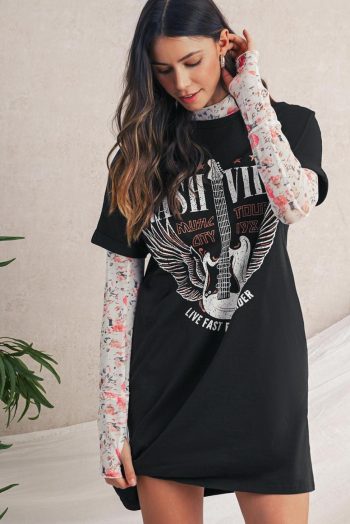 Short Dresses | Women Black Nashville Guitar Print Mini T-Shirt Dress