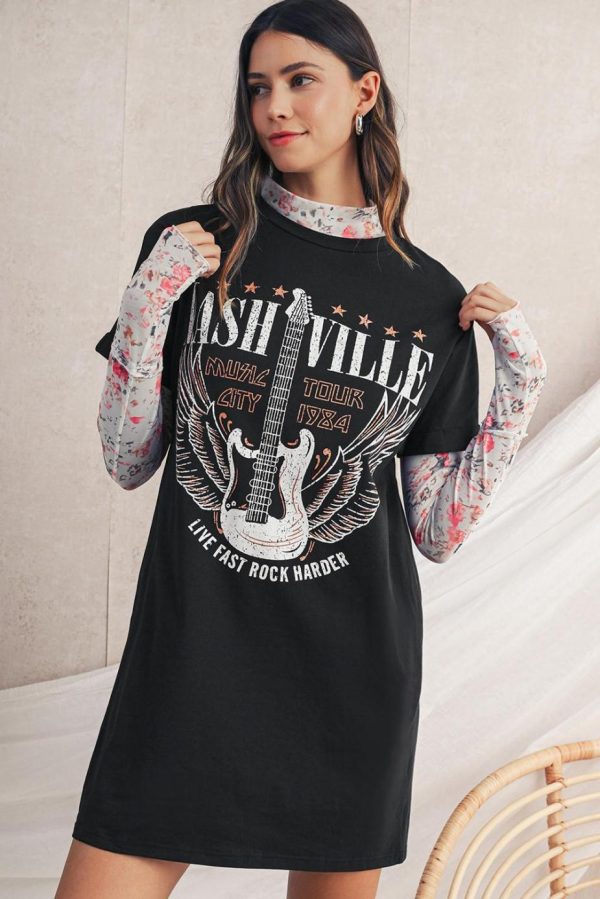 Short Dresses | Women Black Nashville Guitar Print Mini T-Shirt Dress - Image 2