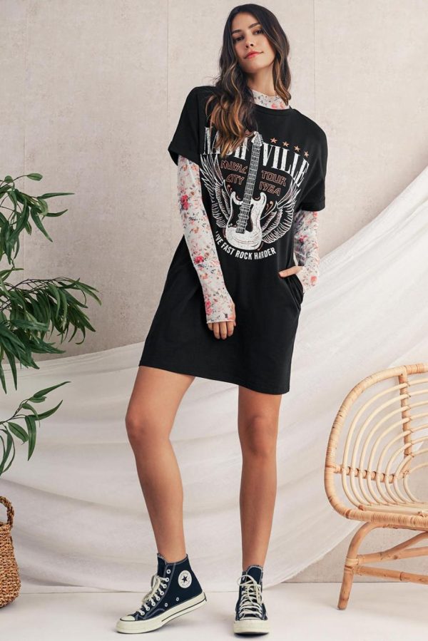Short Dresses | Women Black Nashville Guitar Print Mini T-Shirt Dress - Image 3