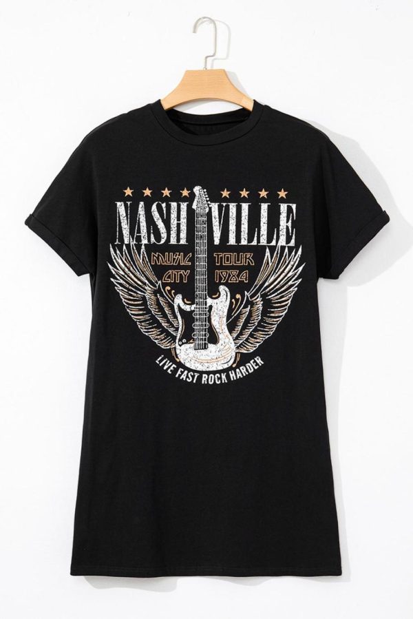 Short Dresses | Women Black Nashville Guitar Print Mini T-Shirt Dress - Image 5