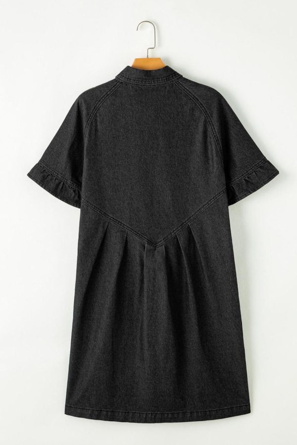 Short Dresses | Women Black Short Sleeve Button Up Loose Denim Shirt Dress