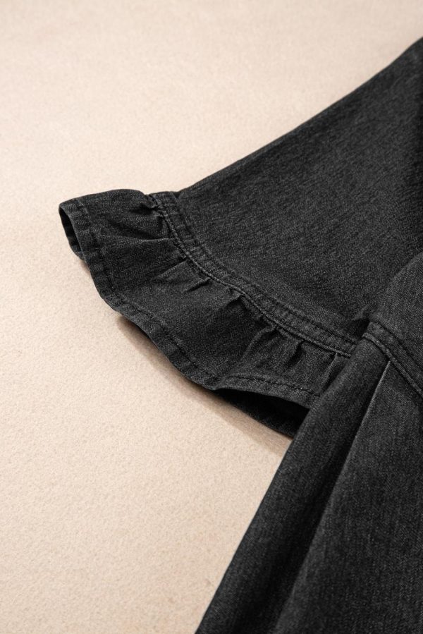 Short Dresses | Women Black Short Sleeve Button Up Loose Denim Shirt Dress - Image 5