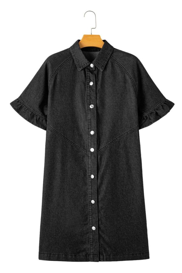 Short Dresses | Women Black Short Sleeve Button Up Loose Denim Shirt Dress - Image 7