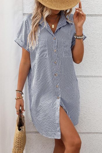 Short Dresses | Women Black Stripe Button Up Pocket Collared Mini Dress