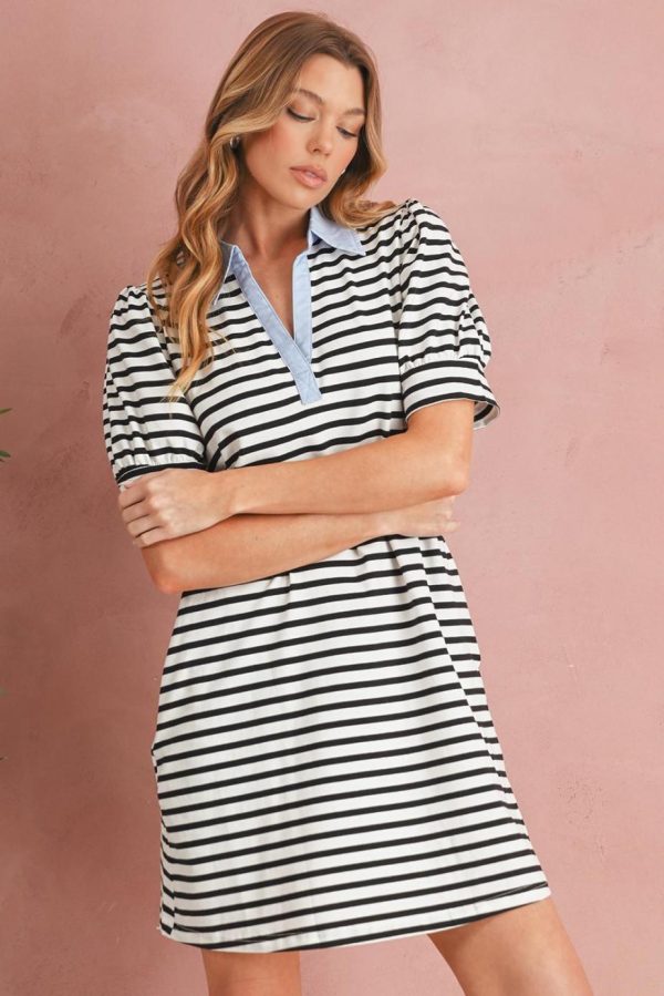 Short Dresses | Women Black Stripe Collared Puff Sleeve Pocketed Mini Dress - Image 3
