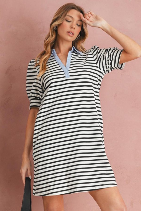 Short Dresses | Women Black Stripe Collared Puff Sleeve Pocketed Mini Dress - Image 4