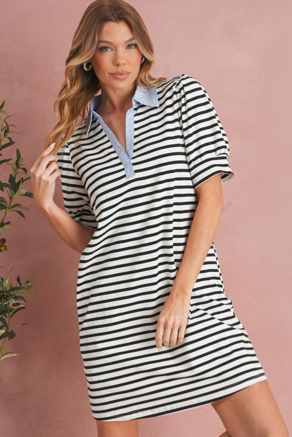 Short Dresses | Women Black Stripe Collared Puff Sleeve Pocketed Mini Dress - Image 5