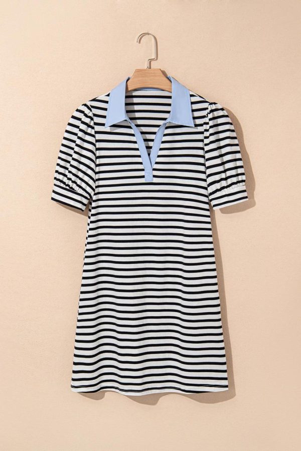 Short Dresses | Women Black Stripe Collared Puff Sleeve Pocketed Mini Dress - Image 6