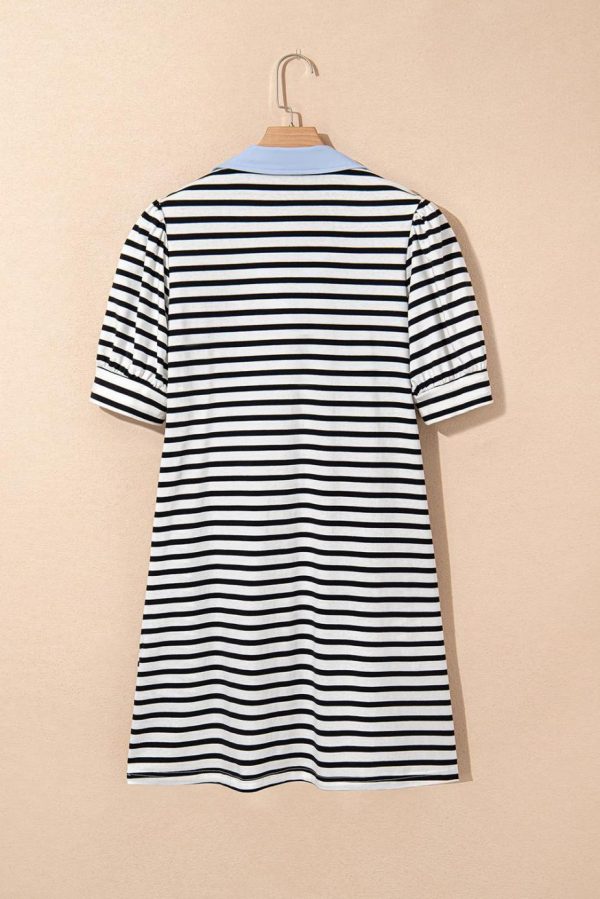 Short Dresses | Women Black Stripe Collared Puff Sleeve Pocketed Mini Dress - Image 7