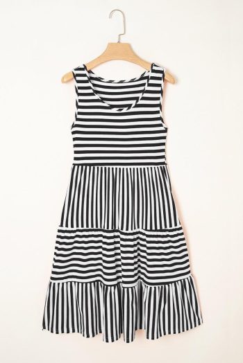Short Dresses | Women Black Stripe U Neck Sleeveless Loose Fit Mini Dress