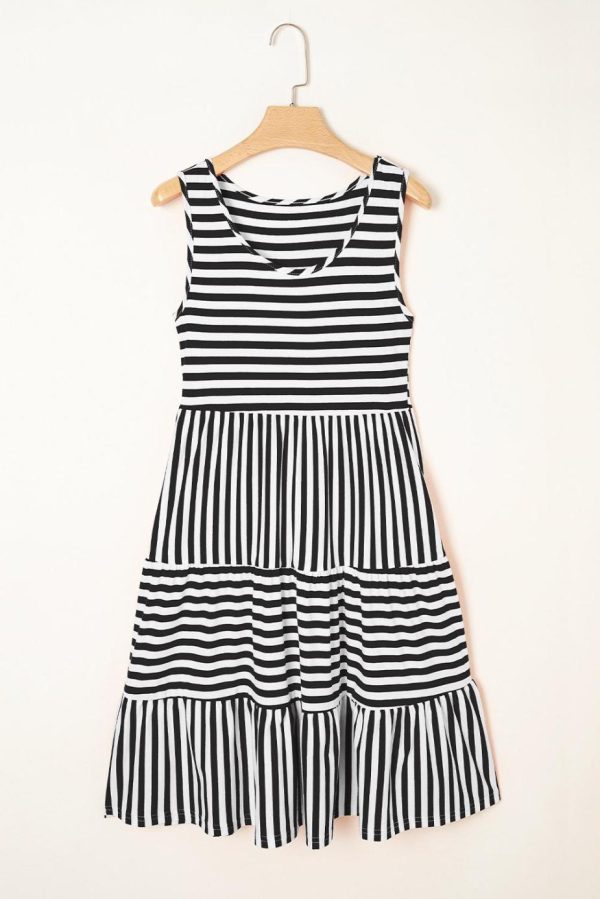 Short Dresses | Women Black Stripe U Neck Sleeveless Loose Fit Mini Dress