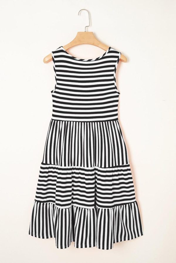 Short Dresses | Women Black Stripe U Neck Sleeveless Loose Fit Mini Dress - Image 2