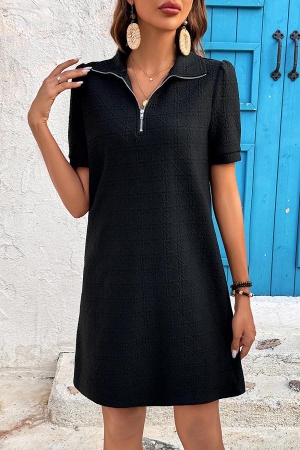 Short Dresses | Women Black Textured Zipped Collar Shift Polo T Shirt Dress