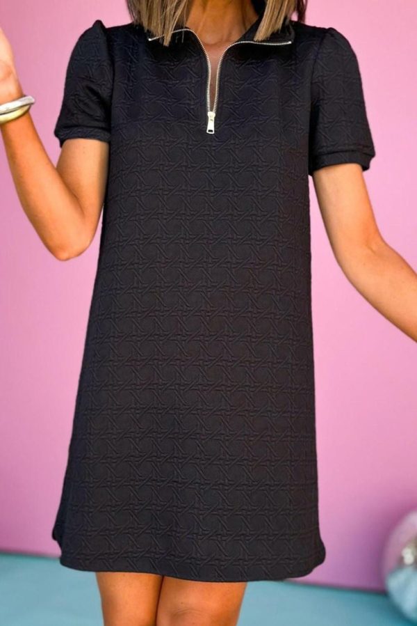 Short Dresses | Women Black Textured Zipped Collar Shift Polo T Shirt Dress - Image 3