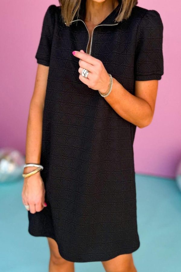 Short Dresses | Women Black Textured Zipped Collar Shift Polo T Shirt Dress - Image 4