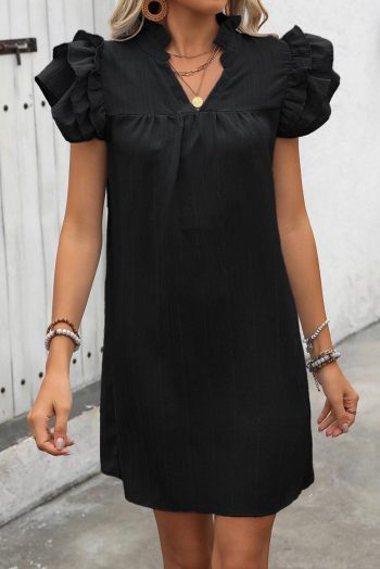 Short Dresses | Women Black V Neck Ruffle Sleeve Shift Mini Dress