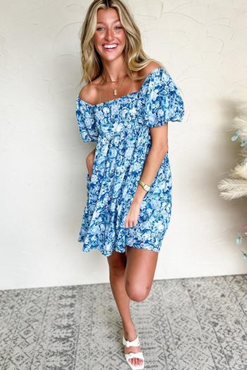 Short Dresses | Women Blue Floral Puff Sleeve Babydoll Mini Dress