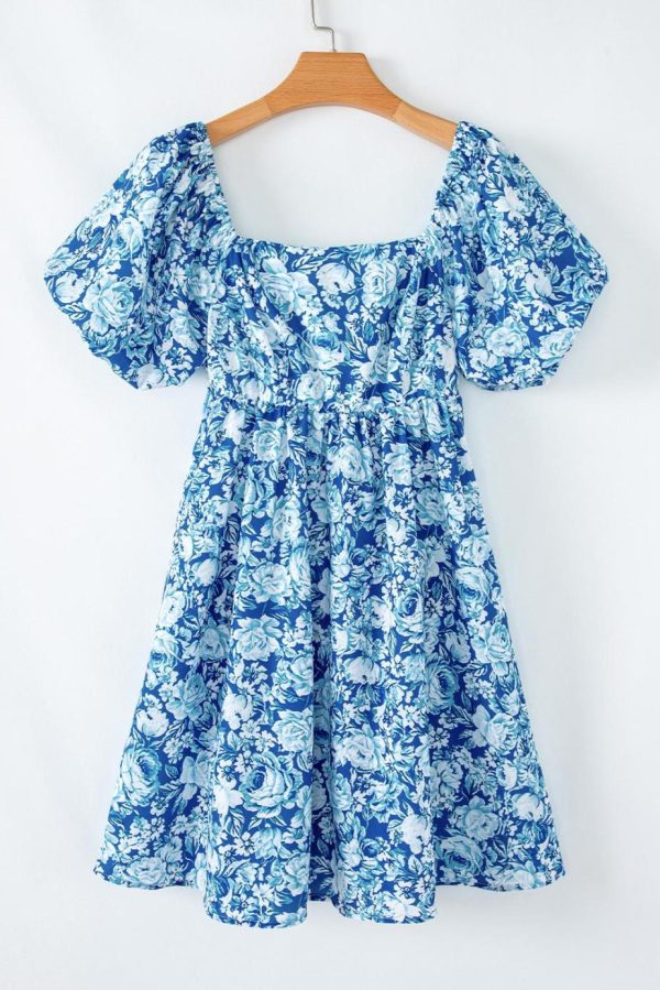 Short Dresses | Women Blue Floral Puff Sleeve Babydoll Mini Dress - Image 2