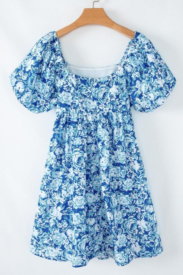 Short Dresses | Women Blue Floral Puff Sleeve Babydoll Mini Dress - Image 3