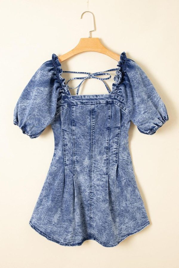 Short Dresses | Women Blue Frill Square Neck Puff Sleeve Backless Denim Dress - Image 3