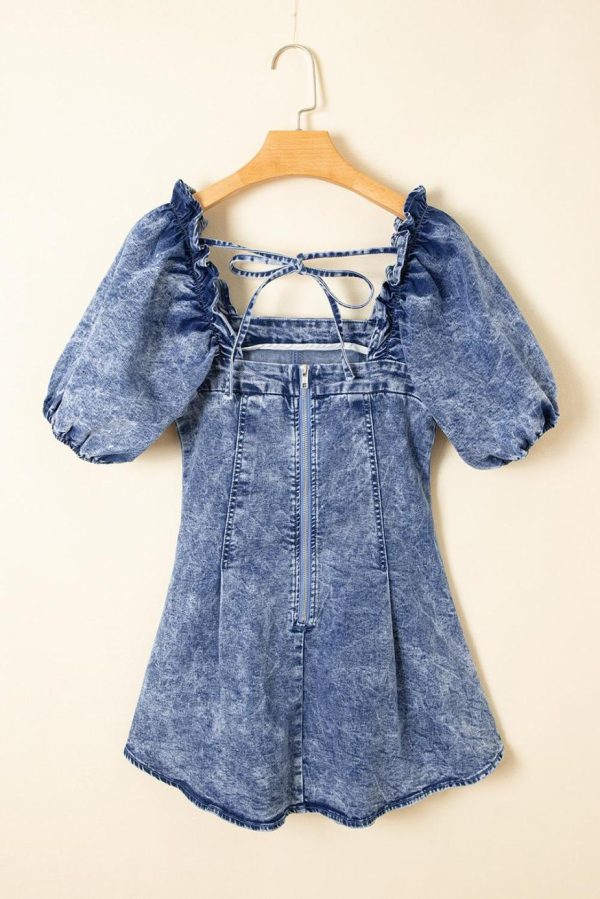 Short Dresses | Women Blue Frill Square Neck Puff Sleeve Backless Denim Dress - Image 4