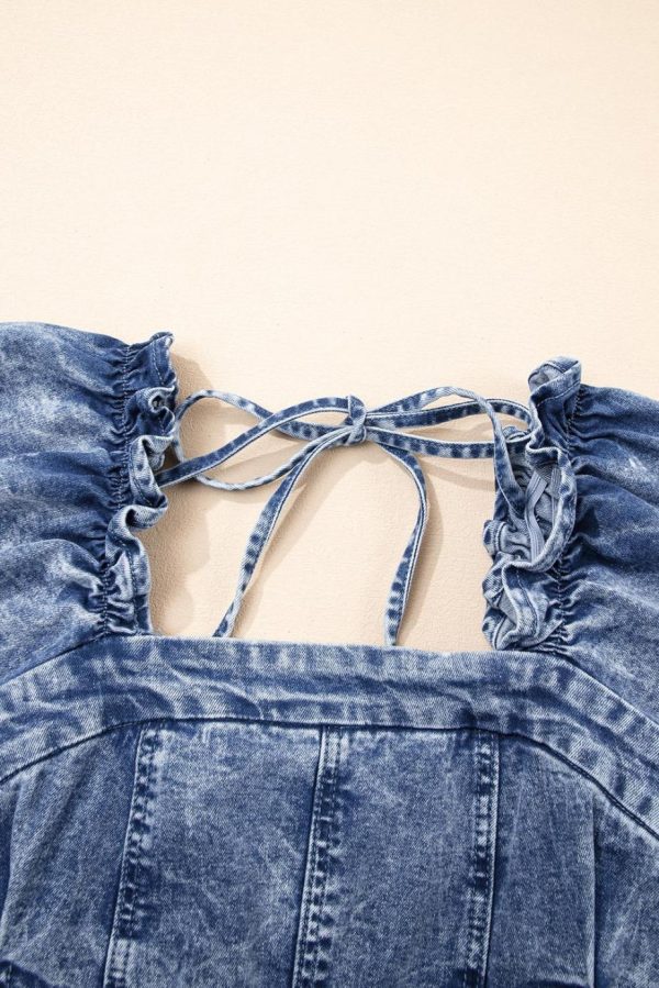 Short Dresses | Women Blue Frill Square Neck Puff Sleeve Backless Denim Dress - Image 5