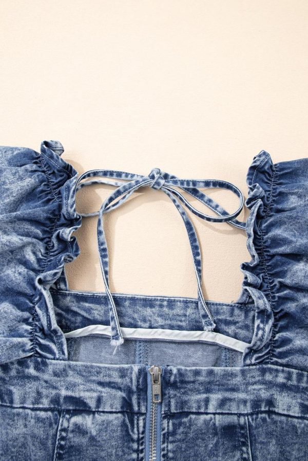 Short Dresses | Women Blue Frill Square Neck Puff Sleeve Backless Denim Dress - Image 7