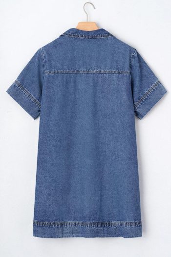 Short Dresses | Women Blue Short Sleeve Collared Chest Pocket Denim Mini Dress