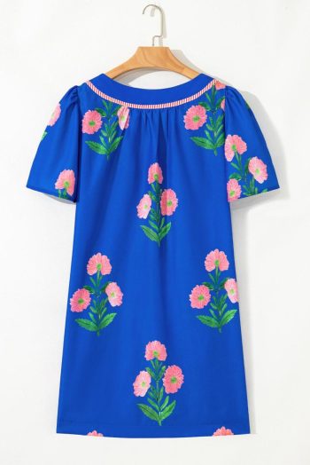 Short Dresses | Women Blue Striped Trim Short Sleeve Split Neck Floral Mini Dress