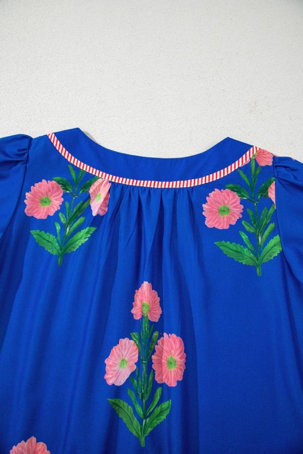 Short Dresses | Women Blue Striped Trim Short Sleeve Split Neck Floral Mini Dress - Image 3