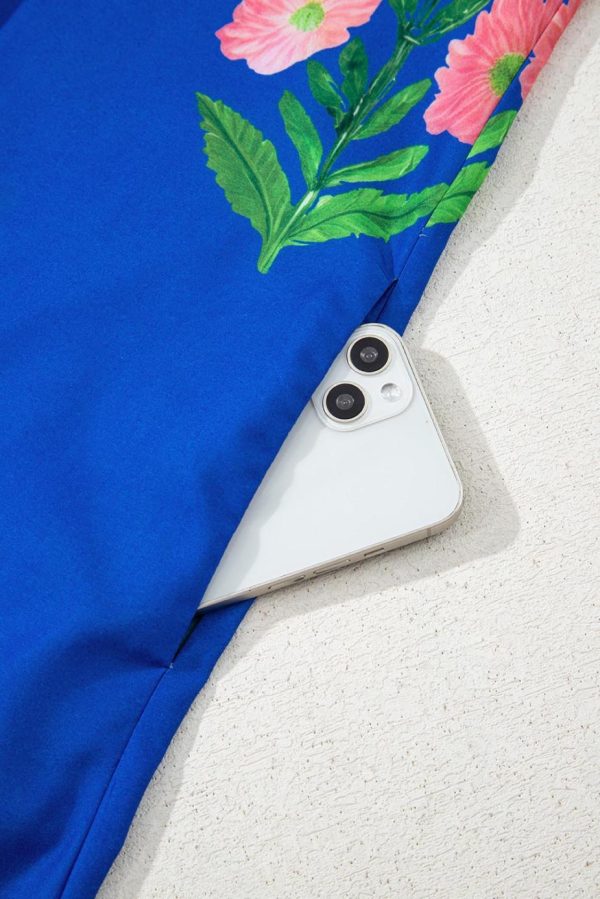Short Dresses | Women Blue Striped Trim Short Sleeve Split Neck Floral Mini Dress - Image 4