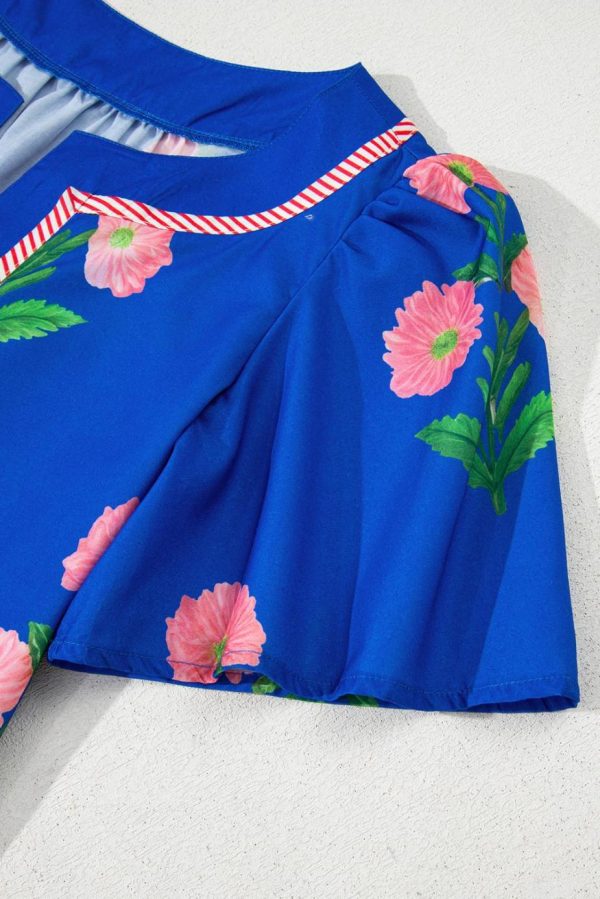 Short Dresses | Women Blue Striped Trim Short Sleeve Split Neck Floral Mini Dress - Image 6