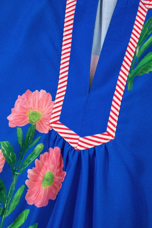Short Dresses | Women Blue Striped Trim Short Sleeve Split Neck Floral Mini Dress - Image 7