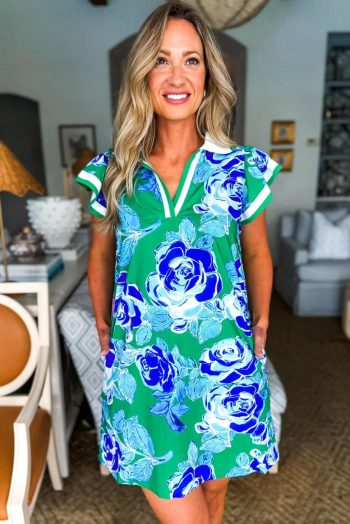 Short Dresses | Women Bright Green Floral Ruffle Puff Sleeve Pop Of Color Neckline Dress