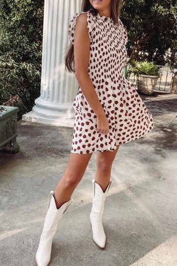 Short Dresses | Women Brown Abstract Print Flutter Sleeve Smocked Mini Dress
