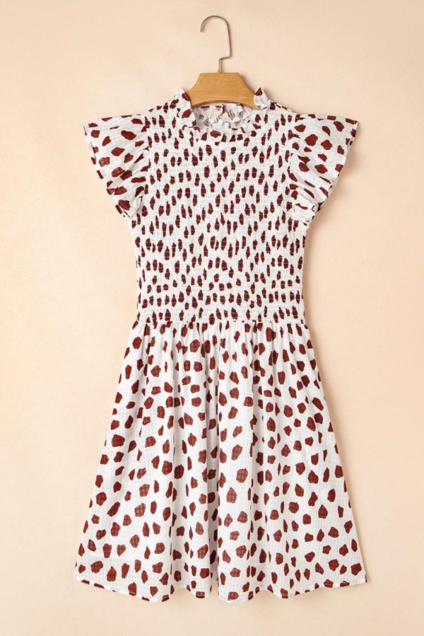 Short Dresses | Women Brown Abstract Print Flutter Sleeve Smocked Mini Dress - Image 2