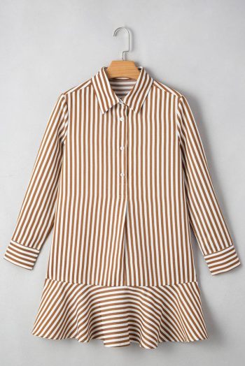 Short Dresses | Women Brown Stripe Ruffle Hem Collared Long Sleeve Shirt Mini Dress