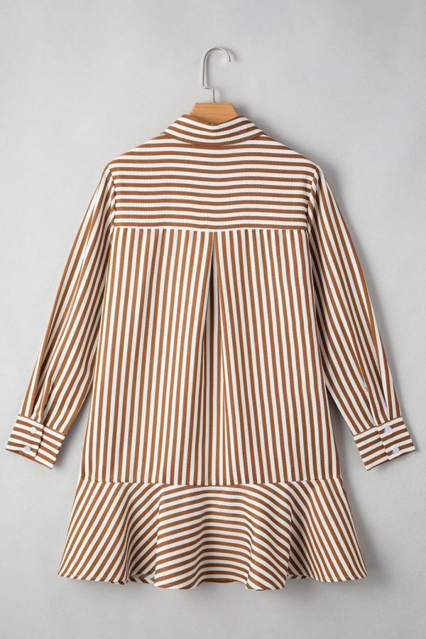 Short Dresses | Women Brown Stripe Ruffle Hem Collared Long Sleeve Shirt Mini Dress - Image 2