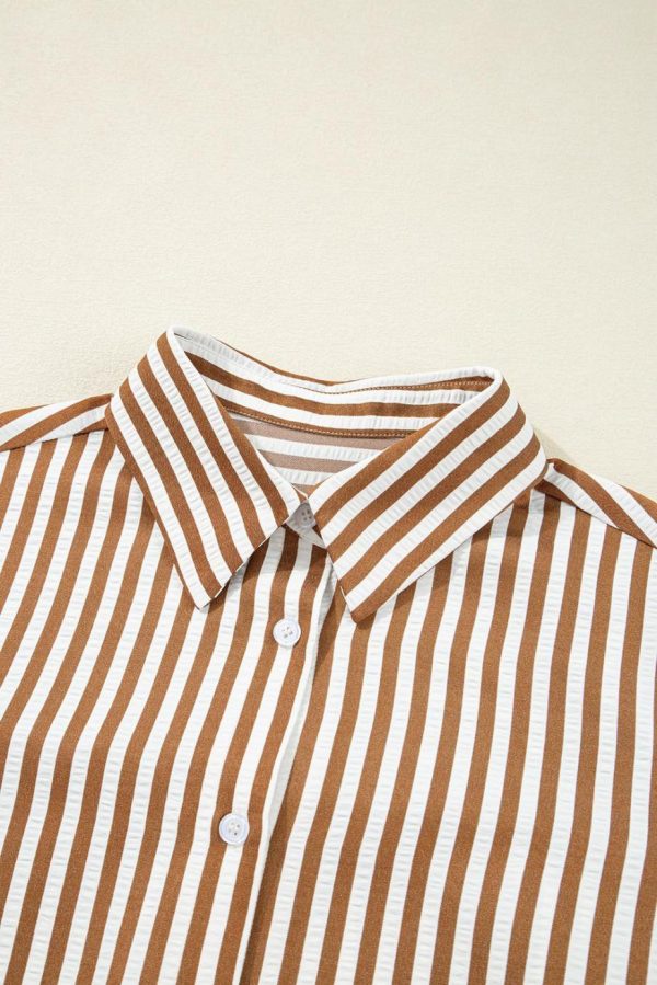 Short Dresses | Women Brown Stripe Ruffle Hem Collared Long Sleeve Shirt Mini Dress - Image 3