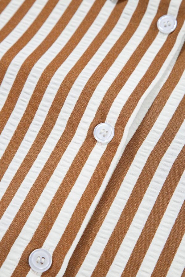 Short Dresses | Women Brown Stripe Ruffle Hem Collared Long Sleeve Shirt Mini Dress - Image 4