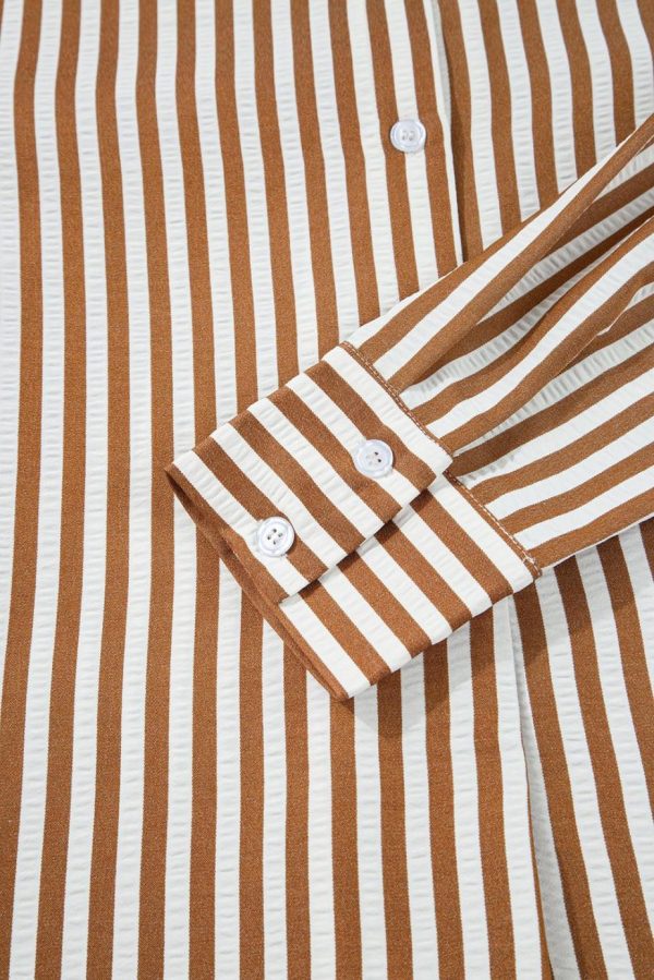 Short Dresses | Women Brown Stripe Ruffle Hem Collared Long Sleeve Shirt Mini Dress - Image 5