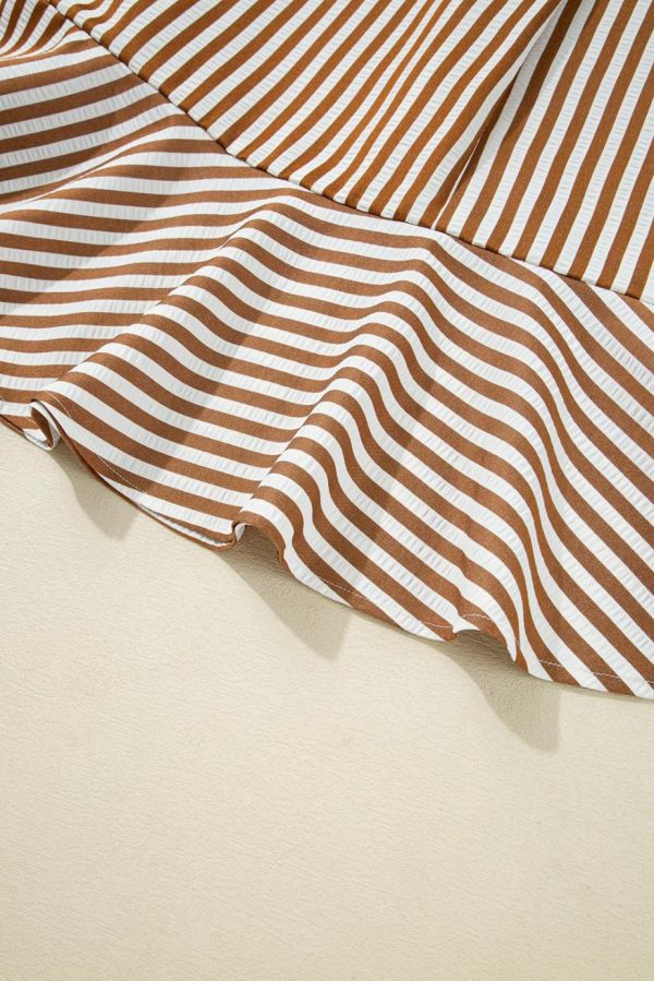 Short Dresses | Women Brown Stripe Ruffle Hem Collared Long Sleeve Shirt Mini Dress - Image 6