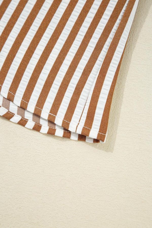 Short Dresses | Women Brown Stripe Ruffle Hem Collared Long Sleeve Shirt Mini Dress - Image 7