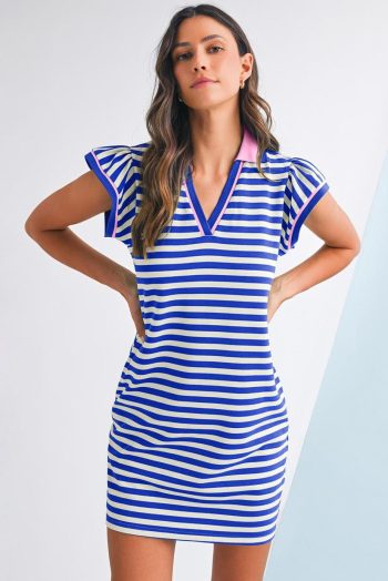 Short Dresses | Women Dark Blue Striped Ruffle Short Sleeve Pop Of Color Neckline Dress